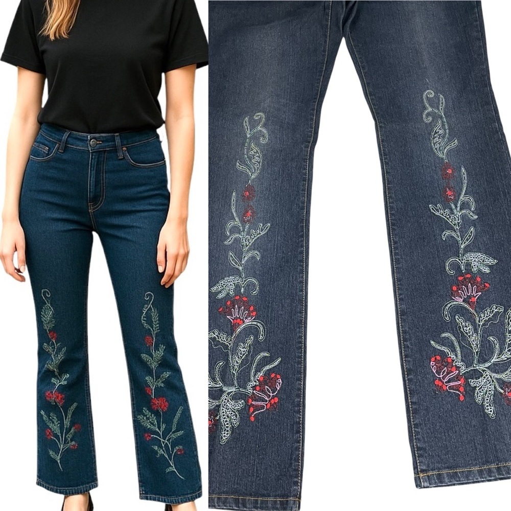 Vintage Gypsy Floral Embroidered Boho Jeans‎ Dark Wash Flare
